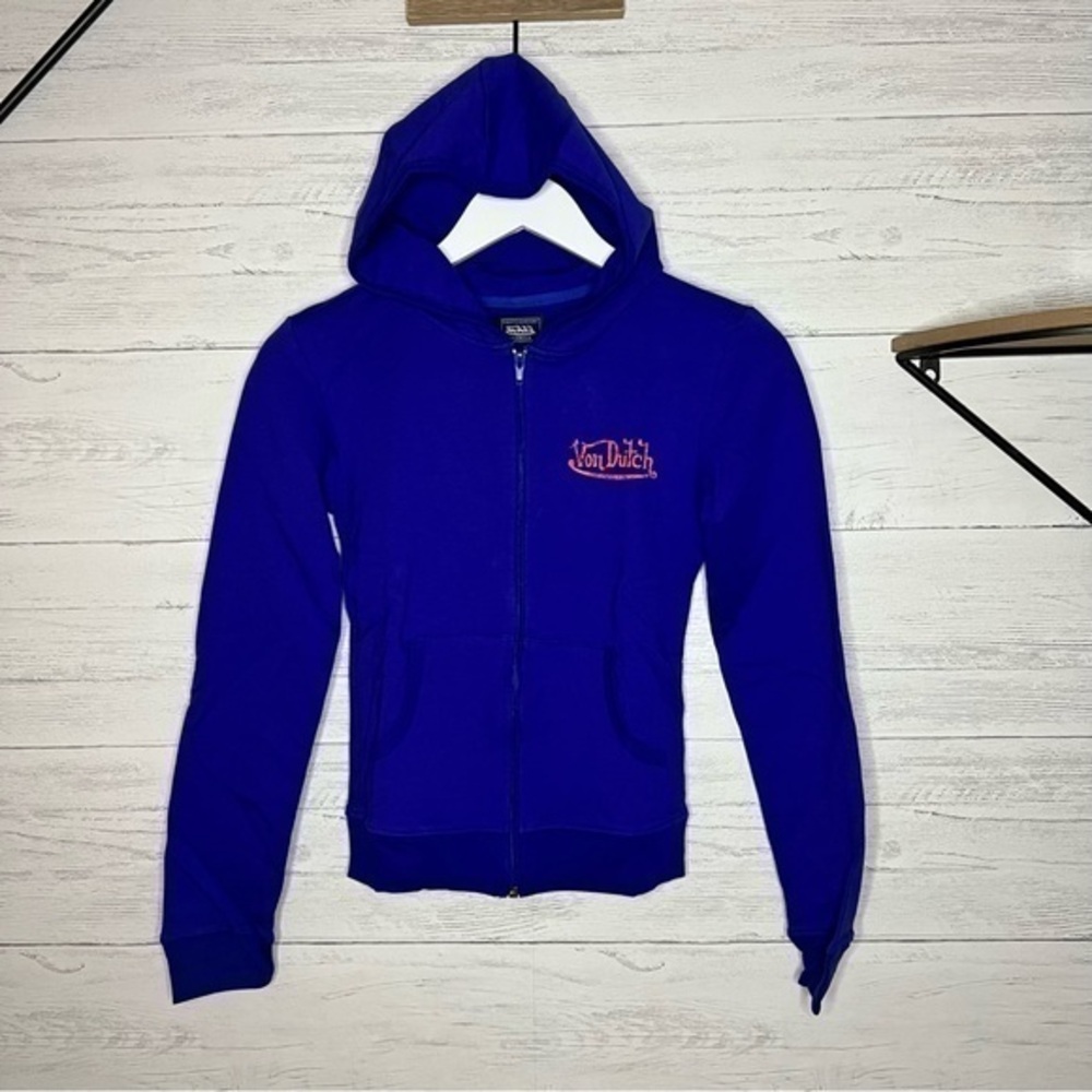 Von Dutch Zip Up Blue Hoodie with Orange Logo Signature Size Small